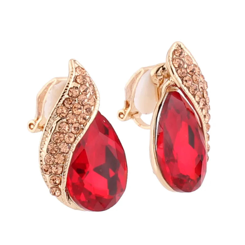 Pendientes de Clip con Cristal en Forma de Gota Lujo sin Perforación para Mujer