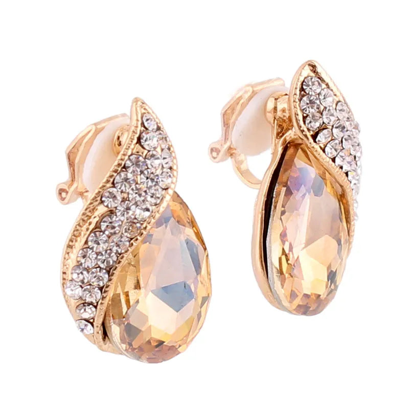 Pendientes de Clip con Cristal en Forma de Gota Lujo sin Perforación para Mujer