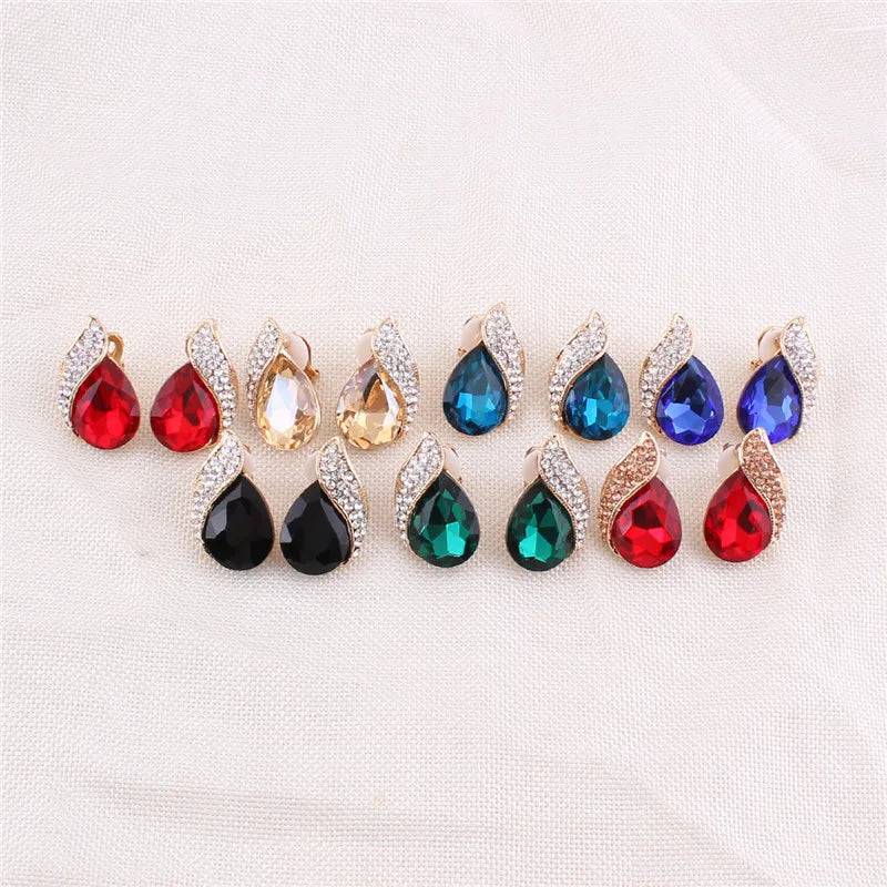 Pendientes de Clip con Cristal en Forma de Gota Lujo sin Perforación para Mujer